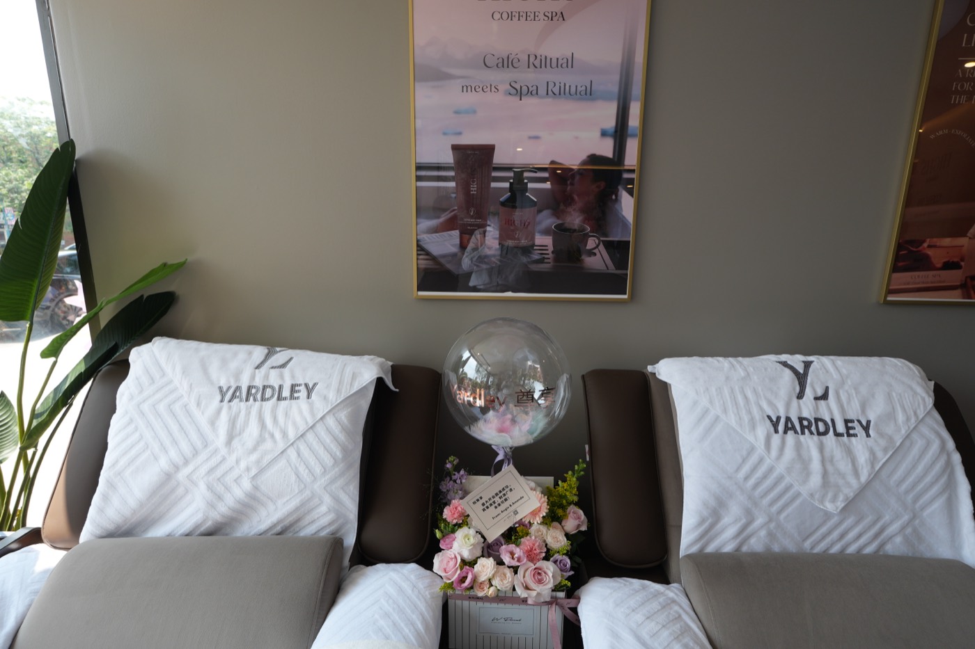 Paired treatment recliners with Yardley towels and fresh flowers
